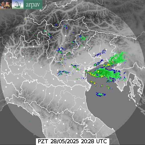 Radarska slika padavin nad pokrajino Friulija