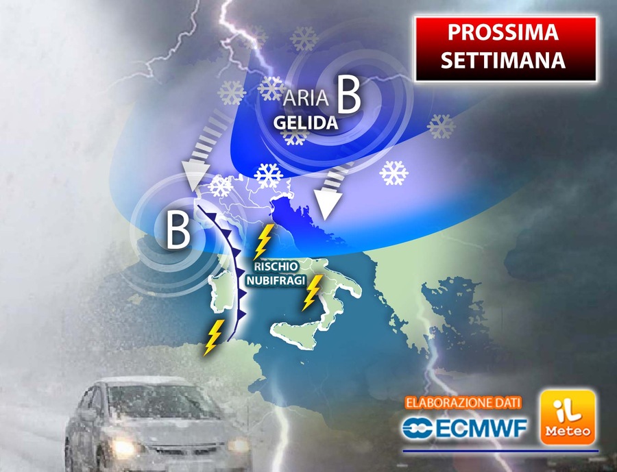 Next week, 2 strong disturbances with very low cloudbursts and snow will hit Italy