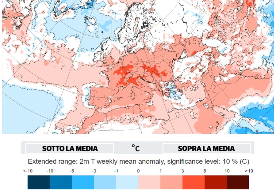 Temperaturas acima da média de +5/6°C, especialmente no centro e norte da Itália (Fonte: ECMWF)