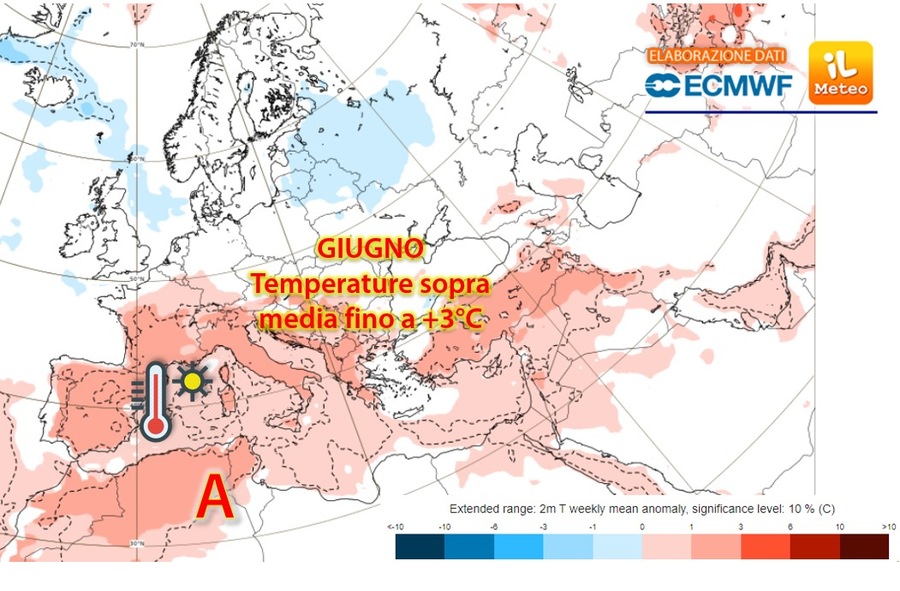Anomalia di temperatura attesa per l'inizio della prossima estate (ECMWF) Anomalia di temperatura attesa per l'inizio della prossima estate (ECMWF)