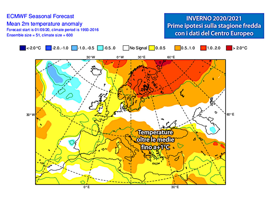 Temperature sopra la media fino a + 1 ° C su gran parte dell'Italia (fonte: ECMWF)