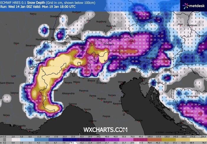 Cumulate di neve prevista fino all'avvio della prossima settimana