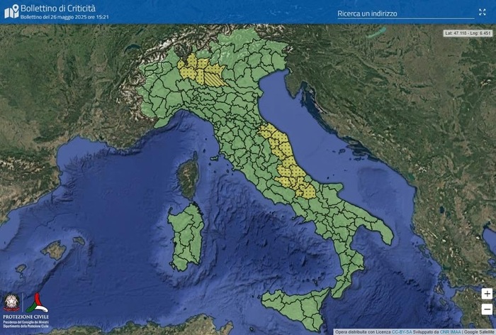 Le zone in allertamento per martedi 17 Maggio 