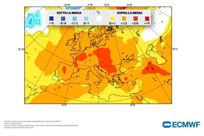Temperature sopra la media a Luglio e Agosto, fino a +1/2°C (fonte: ECMWF)