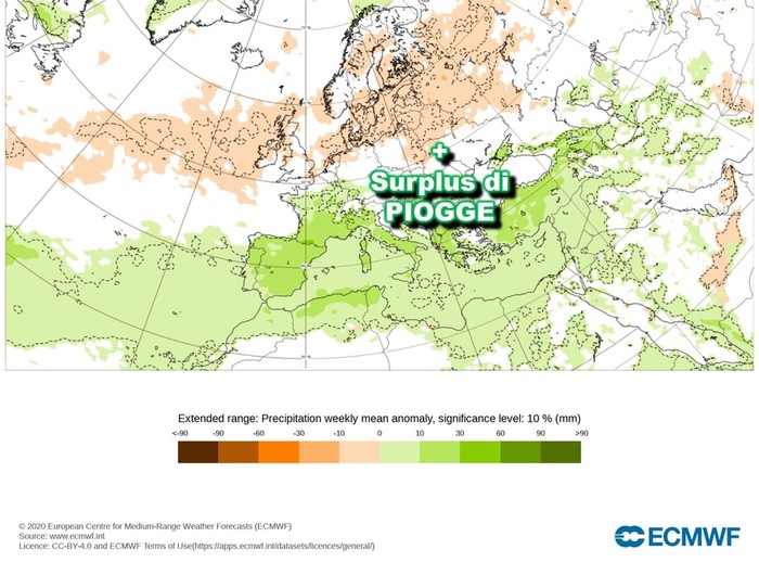Surplus di precipitazioni (colore verde) previsto per l'avvio di Giugno (fonte: ECMWF)