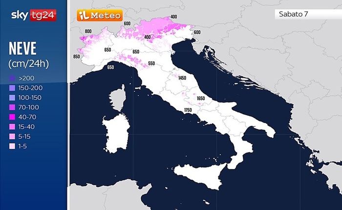 Nevicate e quote previste per Sabato 7 Dicembre