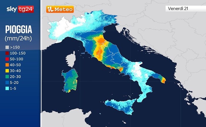 Le precipitazioni previste per Venerdì 21 Novembre 2025