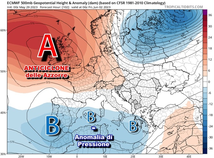 Alta Pressione su Nord Europa, palude barica (bassa pressione) sul Mediterraneo