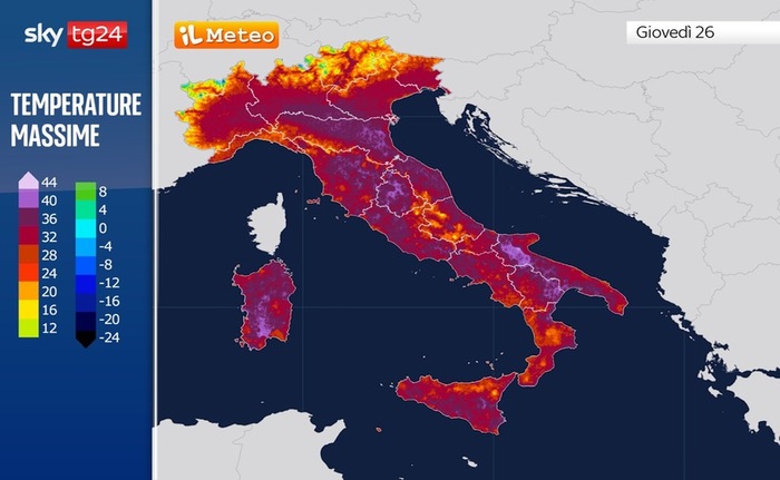 Temperature massime previste per Giovedì 26 Giugno