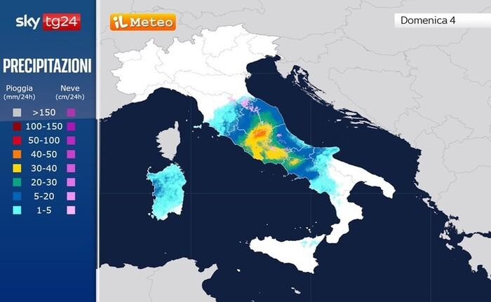 Piogge e nevicate previste per Domenica 4 Gennaio