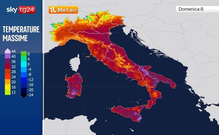 Temperature massime previste per Domenica 8 Giugno