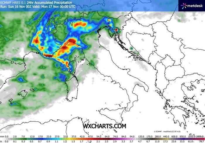 Gli accumuli di pioggia previsti per Domenica 16 Novembre 2025