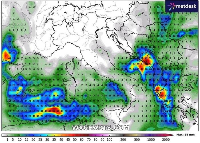 Gli accumuli di pioggia previsti per la giornata di Sabato 8 Novembre 2025