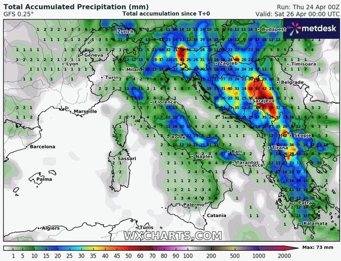 Gli accumuli di pioggia previsti per Venerdì 25 Aprile