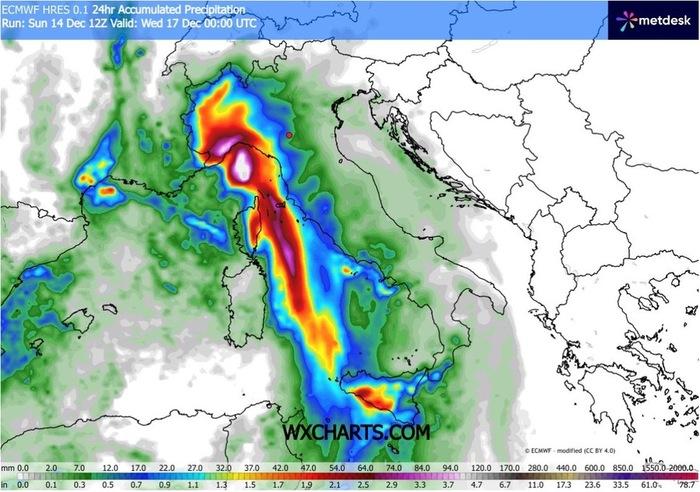 Gli accumuli di precipitazioni attesi per Martedì 16 dicembre