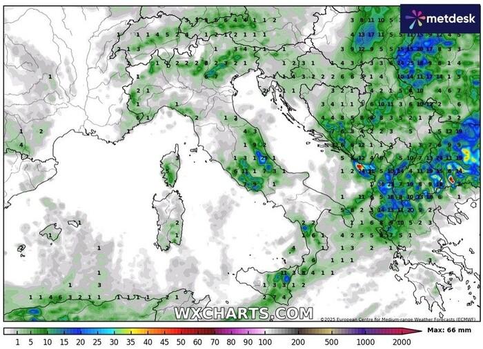 Gli accumuli di precipitazioni previsti per Sabato 24 Maggio 2025