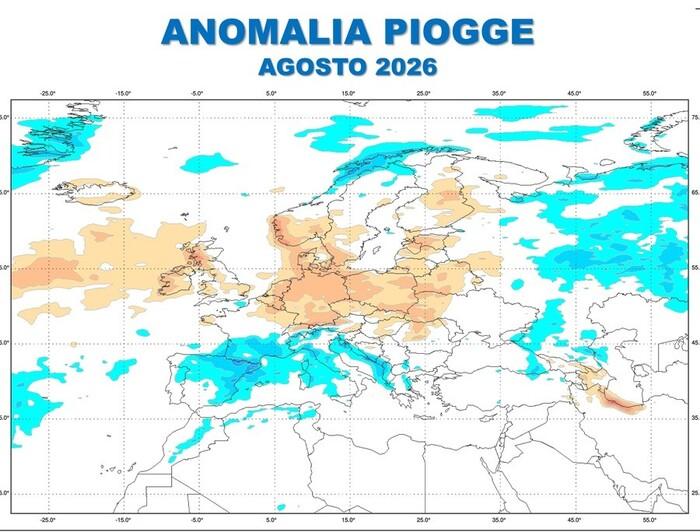 Agosto anomalia di piogge: surplus al Nord Ovest e regioni tirreniche (fonte: ECMWF)