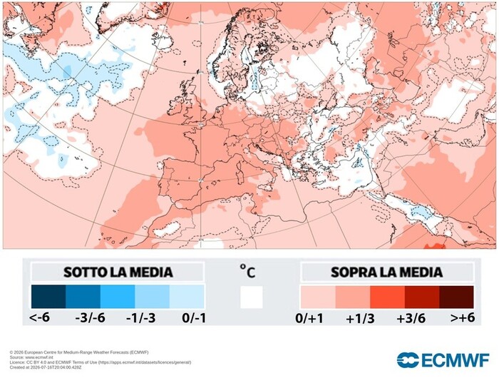 Agosto, anomalia di temperatura: previsti oltre 3°C sopra la media (fonte: ECMWF)