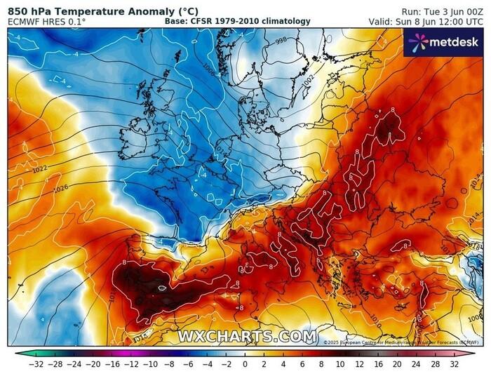 Anomalie termiche previste a circa 1500m per Domenica 8 Giugno 2025