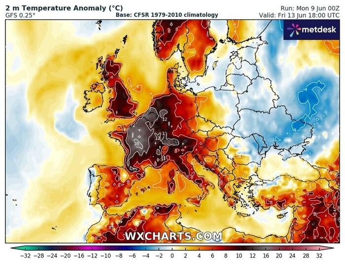 Le anomalie termiche previste da Venerdì 13 Giugno
