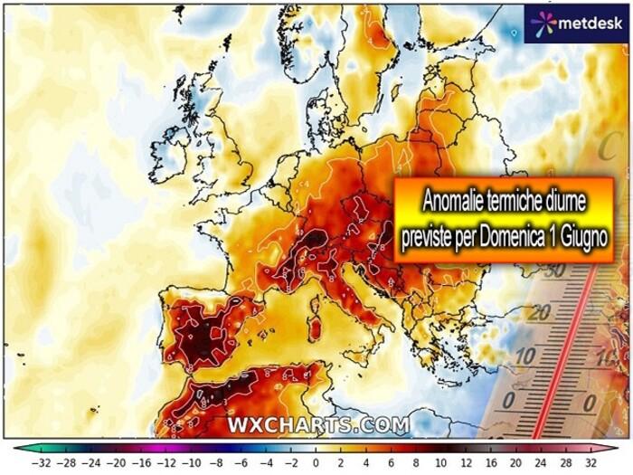 Anomalie termiche previste per Domenica 1 Giugno 2025