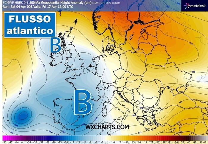 Flusso perturbato ed instabile dal Nord Atlantico dopo metà Aprile (fonte ecmwf)