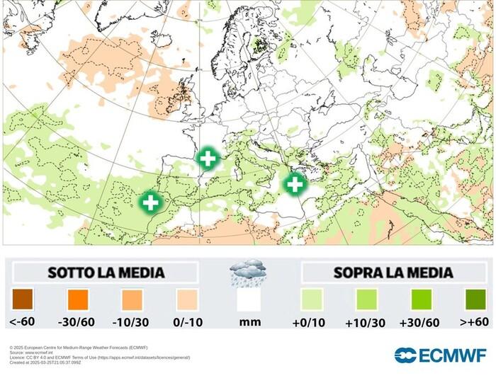Precipitazioni oltre la media a Pasqua (colore verde). Tante piogge e temporali sull'Italia