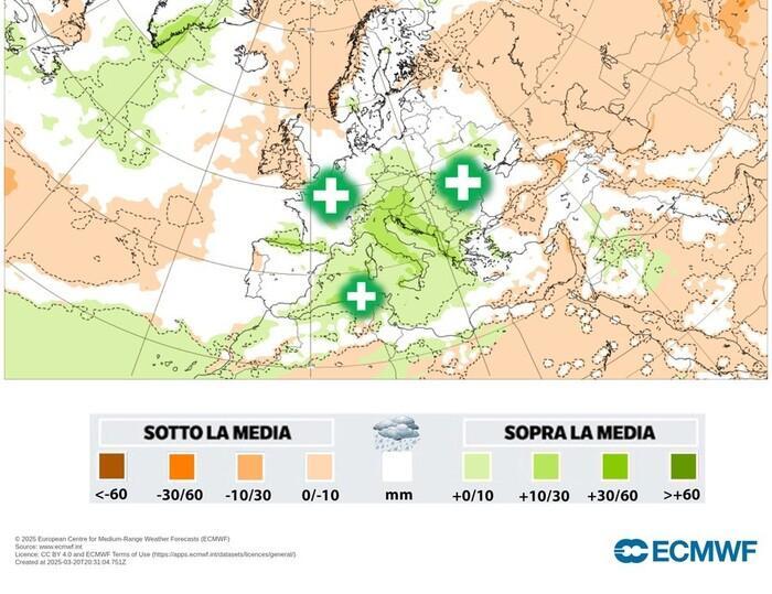 Precipitazioni oltre la media ad Aprile (vedi colore verde). Tante piogge e temporali sull'Italia