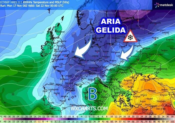 Aria molto fredda di origine Artica Marittima in discesa dal Nord Europa fin sul Mediterraneo
