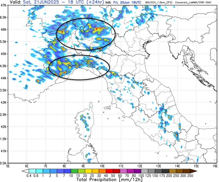 Le precipitazioni previste per il pomeriggio di Sabato 21 Giugno