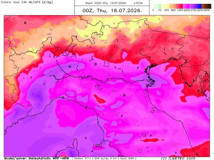 Energia potenziale in gioco (CAPE): livelli molto elevati sulle pianure del Nord