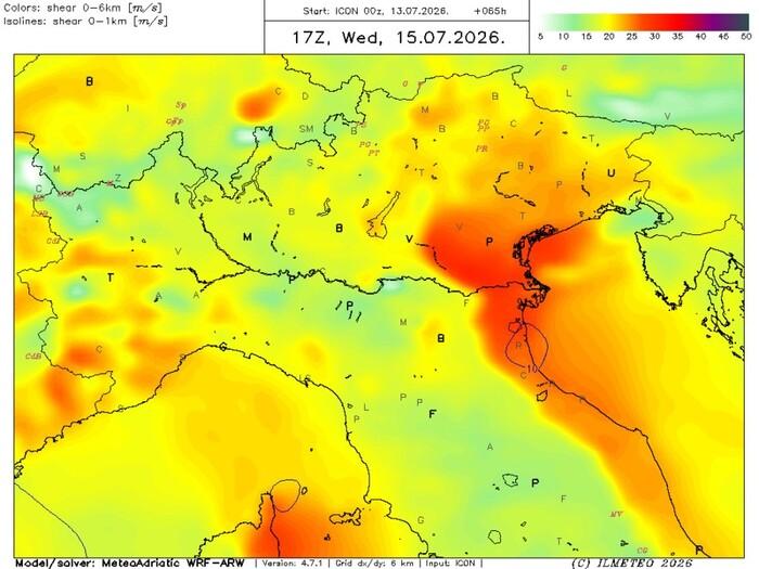 Shear: variazione del vento alle varie quote, valori elevatissimi in Veneto