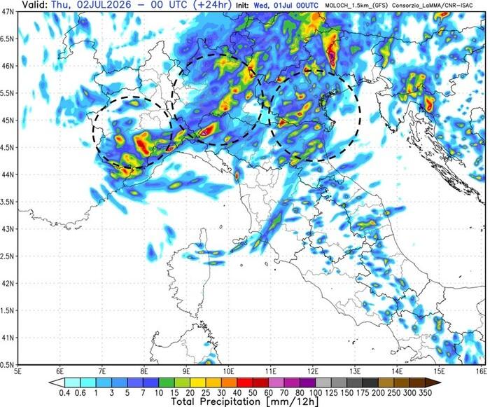 Le zone a rischio grandine e supercelle nel corso di Mercoledì 1° Luglio