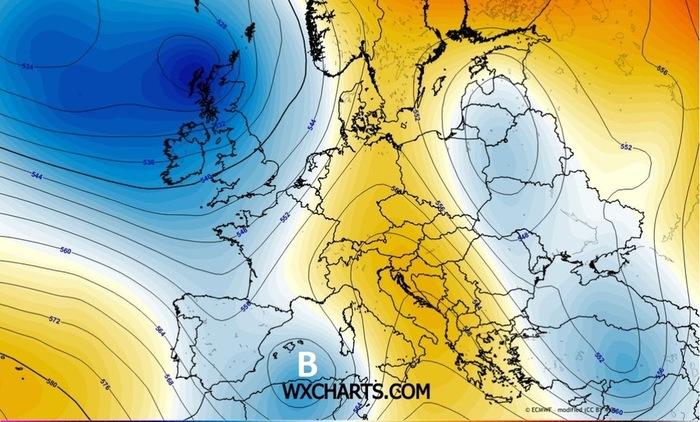 Situazione barica prevista sul finire del weekend