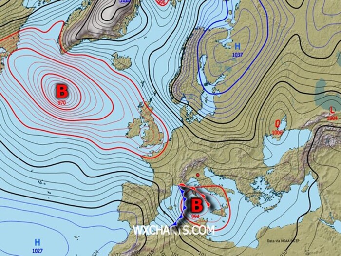 Il vortice e la perturbazione in transito tra Sabato 31 Gennaio e Domenica 1 Febbraio