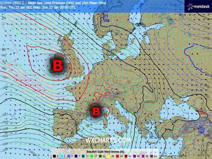 Situazione barica prevista tra Sabato 24 e Domenica 25 Gennaio 2026
