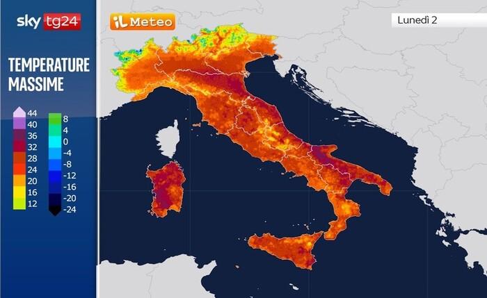 Temperature massime previste per Lunedì 2 Giugno