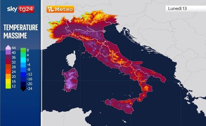 Le temperature massime previste per Lunedì 13 Luglio