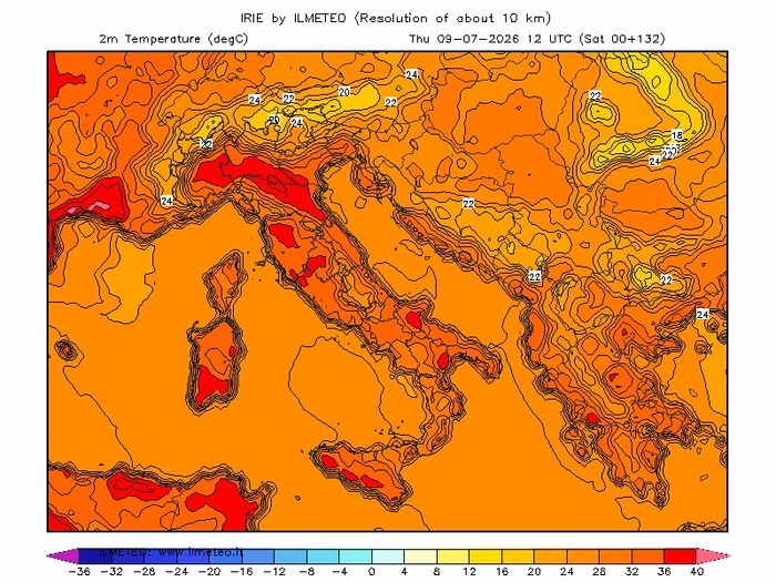 Le temperature massime previste per Martedì 7 Luglio (colore rosso fino a 38/39°C)