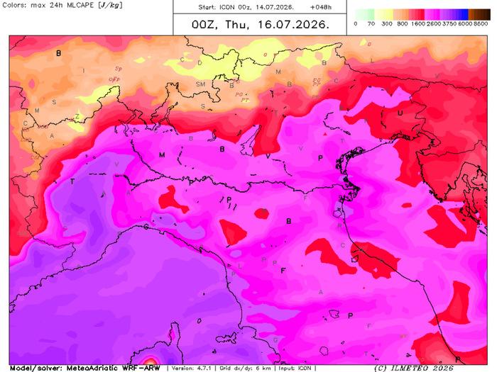 Energia potenziale in gioco (CAPE): livelli molto elevati sulle pianure del Nord