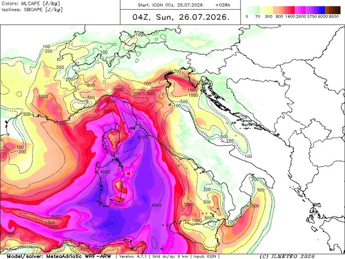 CAPE: energia potenziale in gioco per la giornata di Domenica 26 Luglio