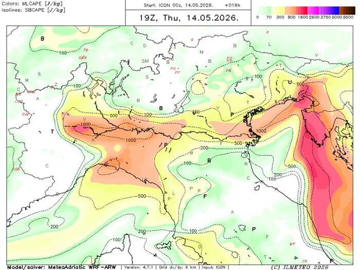 CAPE: energia potenziale in gioco per la giornata di Giovedì 14 Maggio