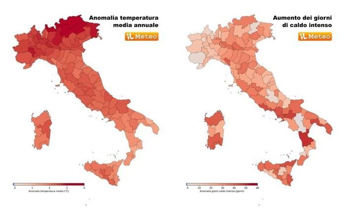 Variazione della temperatura media annuale dal 1985 al 2024 - Aumento giorni di caldo intenso