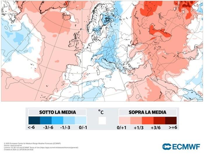 Anomalie di temperatura prevista per l'avvio di Dicembre (fonte: ECMWF)