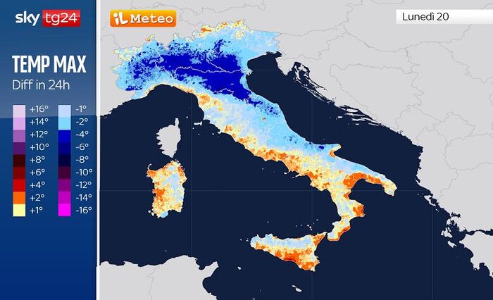 Differenze di temperature massime tra Lunedì 20 e Domenica 19 (colore blu, calo di 6/8°C)