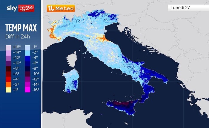 Differenze di temperatura massima tra Domenica 26 e Lunedì 27 Ottobre