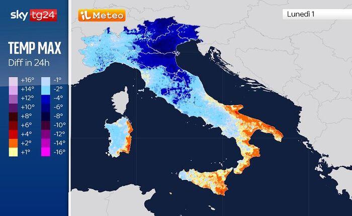 Differenze di temperatura massima tra Domenica 31 Maggio e Lunedì 1 Giugno