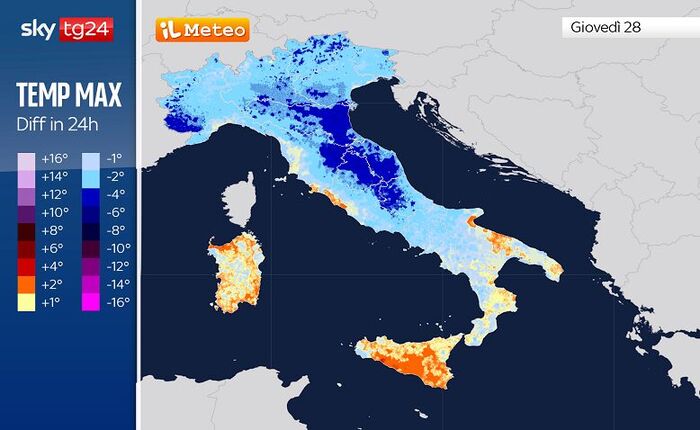 Le differenze di temperatura massima attese tra Mercoledì 27 e Giovedì 28 Maggio