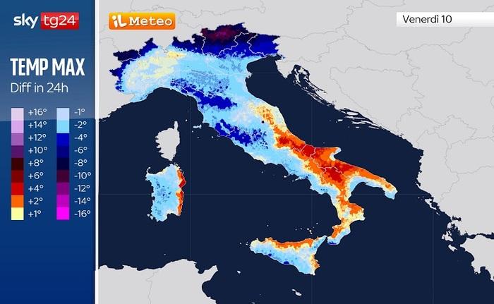 Differenze di temperatura massima tra Venerdì 10 e Giovedì 9 Aprile: anche oltre 5°C in meno