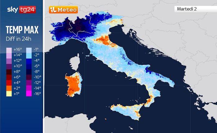 Differenze di temperatura massima attese tra Lunedì 1 e Martedì 2 Giugno